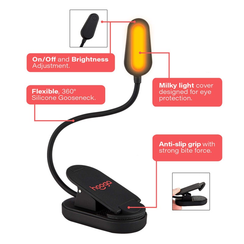 hooga ضوء الكتاب هوغا العنبر، ضوء قراءة LED قابل لإعادة الشحن مع مشبك، حجب الضوء الأزرق، 1600K دافئ للعناية بالعين للسرير، الطلاب، الأطفال، السفر، التمريض، الدراسة - Image 2